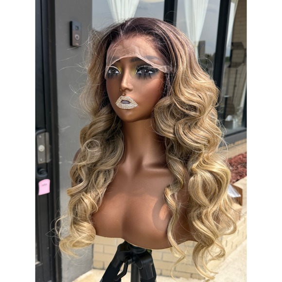 Other - 24" Blonde Ombre Curly Human Blend Synthetic Hair 13*6 Transparent LaceFront Wig